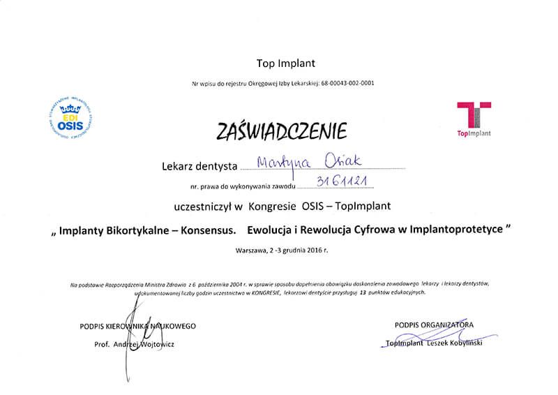 Martyna Osiak - certyfikat