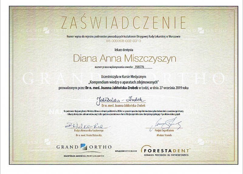 Diana Miszczyszyn - certyfikaty