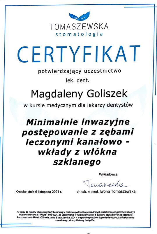 Magdalena Goliszek - certyfikaty