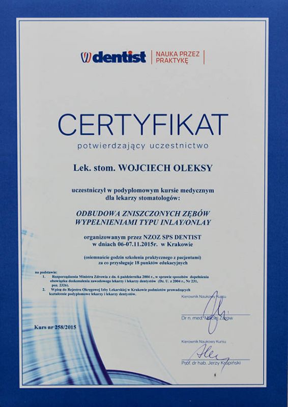 Wojciech Oleksy - certyfikat